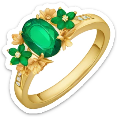 gold engagement ring with flowers around oval emerald  sticker