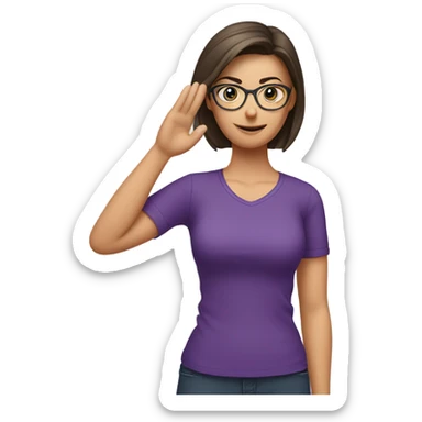 a caucasian brunette female, wearing a purple t-shirt and glasses, making the military salute gesture with one hand next to her head and the other one on her waist sticker