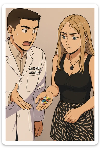 fai un webtoon/manga a colori con questo kinesiologo in camice bianco (fagli la scritta "ANTONIO ANANIA" SUL CAMICE) CHE PARLA CON QUESTA RAGAZZA. LA RAGAZZA HA UN PUGNO DI INTEGRATORI IN MANO (TANTE PILLOLE DIVERSE) E LE GUARDA DUBBIOSA. IL KINESIOLOGO CON IL CAMICE BIANCO LE DOMANDA UNA COSA SCIOCCATO. NON FARE I FUMETTI, FAI SOLO LORO COME SE DIALOGASSERO sticker