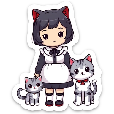 girl wearing black Lolita style dress, with medium-length black hair with red tips, and a gray American Shorthair tabby cat sticker