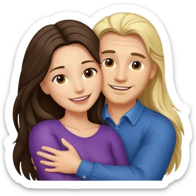 A happy boyfriend and girlfriend hug. She is brunette sexy with long hair. He is blonde sticker