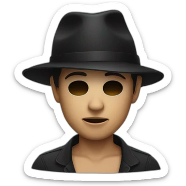 young age man wearing half skull mask (covering face) with a black fedora hat sticker