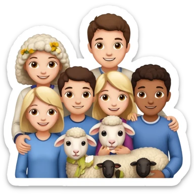 5 persons (3 girls and 2 boys) and a sheep sticker