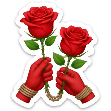 Brown hands tied together with a rope holding a rose sticker