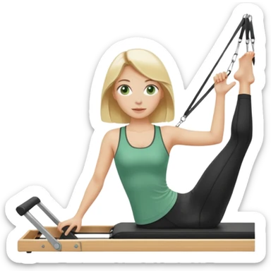 Blonde girl with green eyes and shoulder length blonde hair on a pilates reformer  sticker