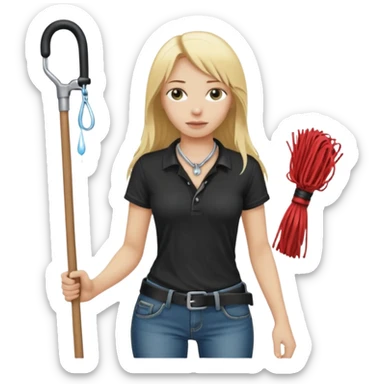 Bdsm male dominant wearing jeans black T-shirt and holding a flogger watching from outside blonde long hair sub with a collar showering with suds all over her sticker