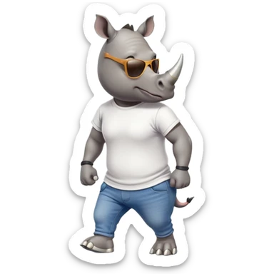 friendly anthropomorphised rhino in jeans and t-shirt, wearing dark sunglasses, jogging upright, relaxed pose sticker