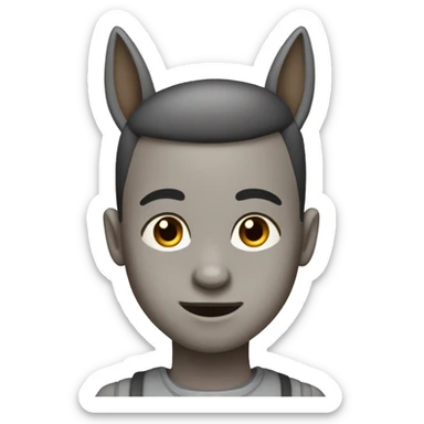 boy with buzzcut, with gray donkey ears, brown eyes, cross-eyed, wearing collar sticker