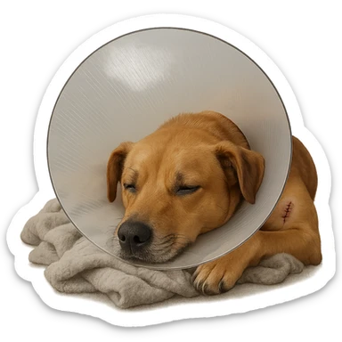 dog wearing a medical cone (Elizabethan collar), with a small stitched area, resting on a blanket, post-surgery vibe sticker