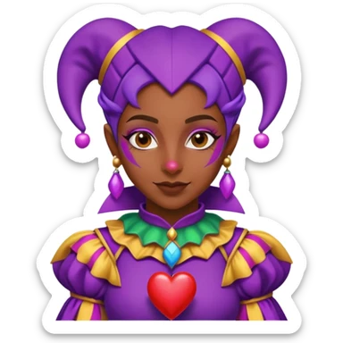 Female Jester with brown skin looking to the right at a purple heart sticker