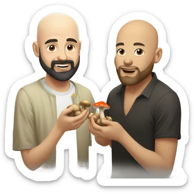 Bald bearded white man and wavy black haired Asian man eating mushrooms sticker