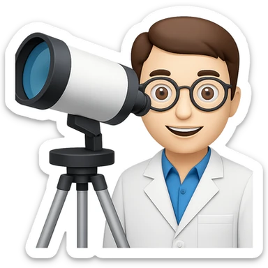 Make the telescope much bigger, keep the scientist happy, in emoji style with no background. sticker