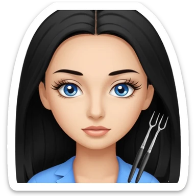 Girl lash-maker, long black hair, blue eyes, with two tweezers for eyelash extensions sticker