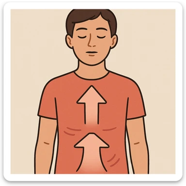 front view of a person with closed eyes practicing deep nasal breathing, highlighting chest and abdomen movement, caption in Italian sticker