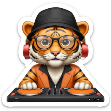 Un tigre enfadado con una mesa de dj . Lo quiero más profesional con unos audífonos y cara de astuto . Mejor con un sobrero y sin audífonos y con unas gafas  sticker