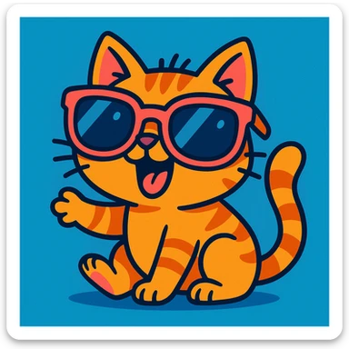 a playful cat with big sunglasses, cartoon style, vibrant toon style sticker