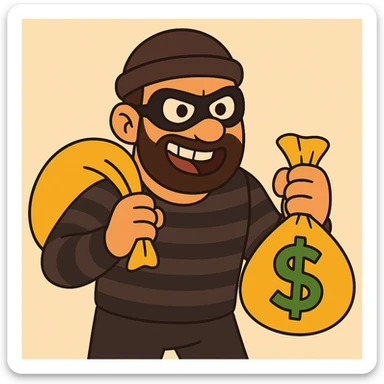 Add a bag of money to the cartoon robber character, keeping the same flat toon style and vibrant colors, with clear details and shading consistent with the original style. sticker