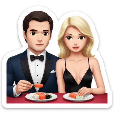 realistic photo of Henry Cavill with a beautiful  victoria secret model on a candle lit sushi date sticker
