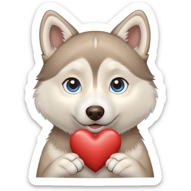 Beige husky with blue eyes holding a brown heart sticker