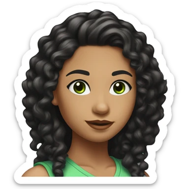 long curly black hair, full body head to toe, eyes with a hint of green, eyes positive  canthal tilt ,medium thick eyebrows , and thin lips, round face shape, soft jawline, full body, teen, sensual, american, woman, well defined feminine body sticker