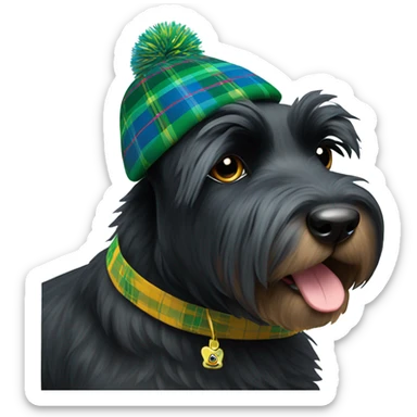 Black Scottie dog wearing a green and blue tartan tan with a yellow Pom Pom on top sticker