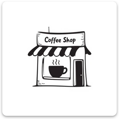 a small coffee shop with a striped awning, hand drawn doodle style sticker
