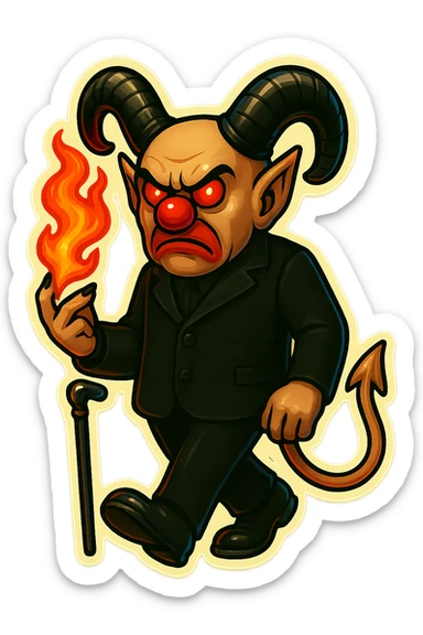 Render an evil clown wizard in retro sticker style, transparent background, walking with a cane, wearing an all black suit, no pentagrams. Use the reference images for face, horns, and tail. sticker