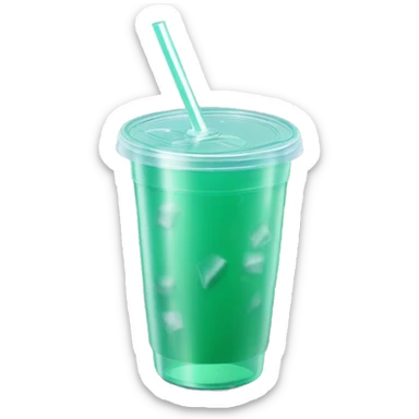 Realistic plastic cup and lid with Transluscent dark mint green and large ice cubes inside and one straw through the top of the lid. sticker