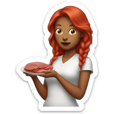 vegan woman red hair disgusted holding meat sticker