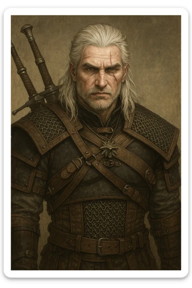 Geralt of Rivia, white hair, scarred face, fantasy armor, stoic expression, detailed illustration style sticker