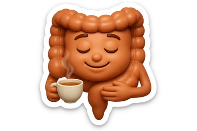 emoji stile iphone 3d di intestino umano sereno che si tocca la pancia mentre sorseggia un thè alle erbe, iperrealistico 4k sticker