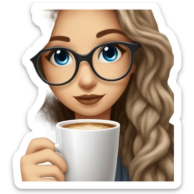 Balayage hair Girl drinking coffee, with a cozy blanket wearing glasses with blue eyes photo beautiful  sticker