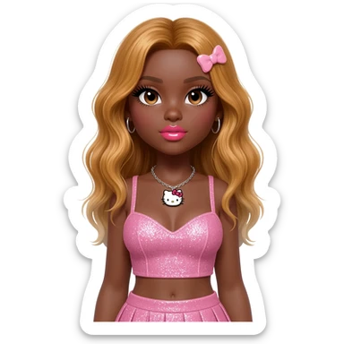 heart shaped lips, cute glossy lips, doll eyes with long lashes, dark brown skin, honey blonde hair, big chest, hello kitty necklace, one bow clip, bimbocore outfit sticker