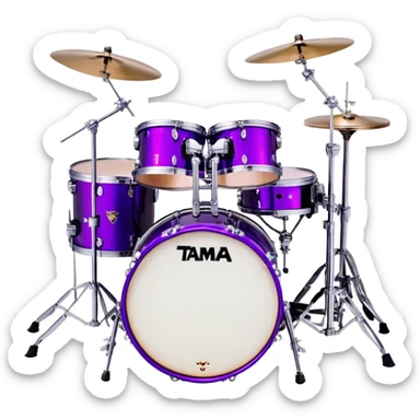  "Create a vibrant and detailed emoji representing Lars Ulrich's Tama Starclassic drum kit. The design should feature a sleek, glossy purple drum kit with glittering accents, including two large bass drums positioned side by side. The snare drum, toms, and cymbals should be clearly visible, with a high-shine finish that reflects the light. Add subtle musical notes around the kit to evoke rhythm and energy. Use a color palette of deep purple, black, silver, and sparkling accents to emphasize the unique look of this iconic setup. The background should be transparent. sticker