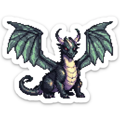 black dragon, big wings, two medium horns, pixel art style sticker