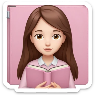 girl with fair skin and long brown hair holding a closed pale pink book sticker