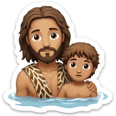 John the baptist animal skin clothes, rough looking, baptizing Jesus,  sticker