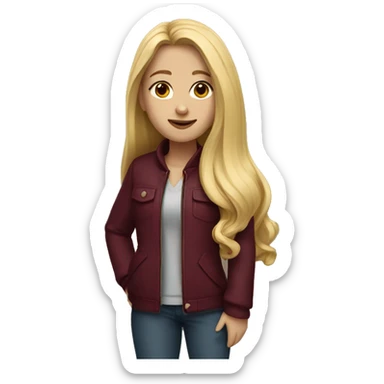 Girl with long blonde hair wearing a burgundy jacket sticker