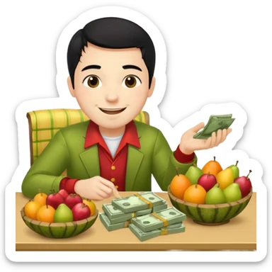hombre piel clara pelo negro con ropa de frutero sentado en una mesa contando mucho dinero sticker