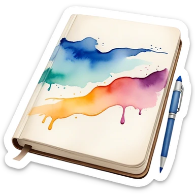 Cinematic Realistic image of an open sketchbook accompanied by a set of translucent watercolors, with delicate pigment stains and soft, flowing brushstrokes, captured under gentle, diffused lighting that highlights creative fluidity sticker