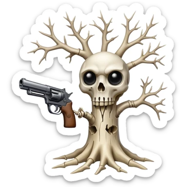 a tree made of bones with eyes holding a gun sticker