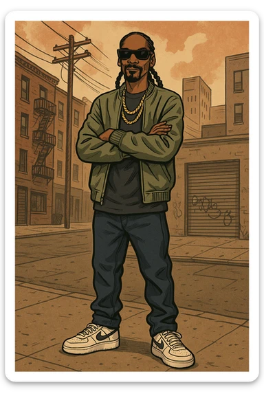 Snoop Dogg standing full body, hip hop style, sunglasses, casual outfit sticker