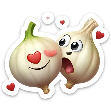  emoji of a cute garlic clove and a smiling onion looking at each other with love. They have big, adorable eyes and rosy cheeks. Small red hearts float around them, and they appear to be blushing, creating a romantic and funny atmosphere. sticker