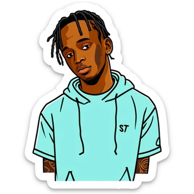 2021 Travis Scott celebrity and rapper, hperrealistic, mirco-detailed, vivid, bold colo=s, 3D sticker design
 Must be 8k hd, 8000x8000px resolution. Must use very thin transparent smooth lines sticker
