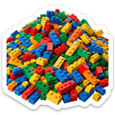 A photorealistic icon featuring a pile of colorful LEGO bricks scattered together in a messy heap. The design includes bright, detailed textures of the individual bricks, capturing the playful and creative essence of LEGO building. Transparent background, symbolizing LEGO construction. sticker