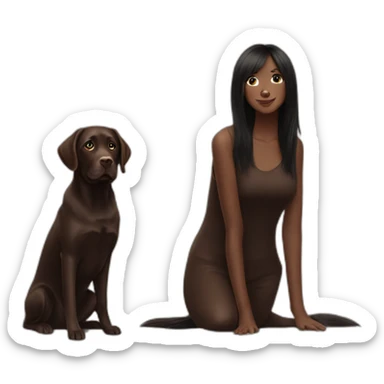 Chocolate labrador playing with long black haired fringe woman sticker