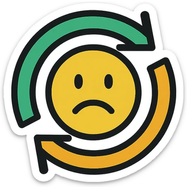 turnover arrows forming a circle with a frowning face in the center, professional style, green gold and white color scheme, bold and clear, suitable for digital use, no background sticker