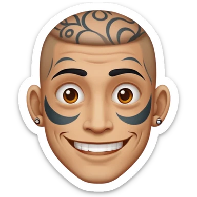 man with bold face tattoos, happy face sticker