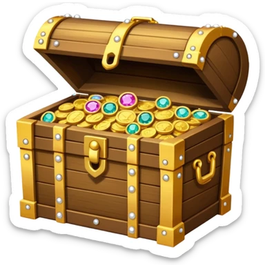 A treasure chest is slightly open and peeking out from inside are treasures: colored diamonds, gold necklaces, pearls, and gold coins. sticker