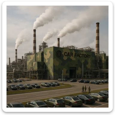 Realistic car factory exterior, large industrial building with smokestacks, parking lots filled with cars, factory grounds with machinery and equipment, realistic lighting and shadows, industrial atmosphere, workers in uniforms walking around, company logo on the building, camouflage colors sticker
